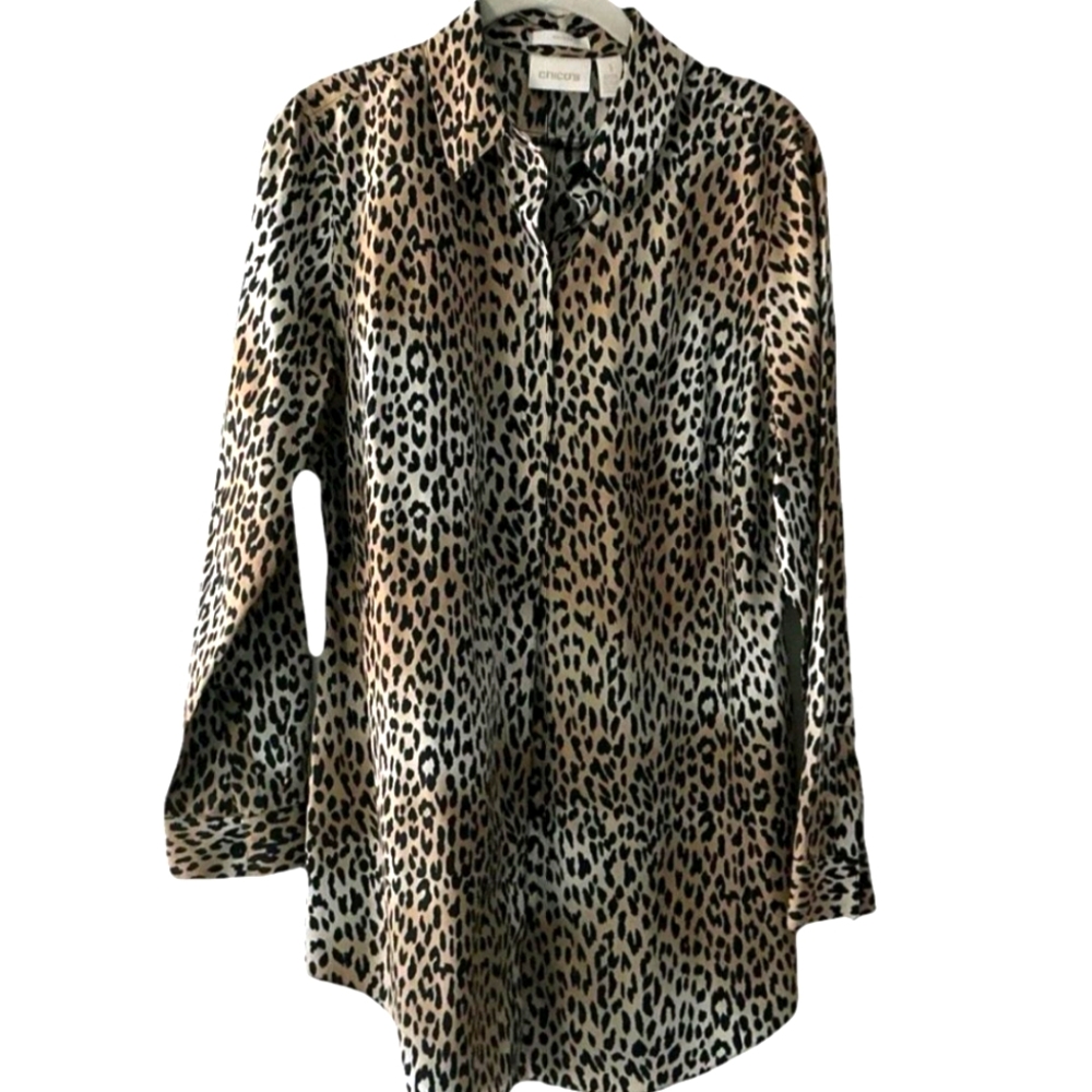 Chico's Leopard Print Collar Shirt Blouse LS No-Iron Black/Creams Size 8 NWOT